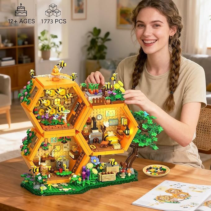 INSOON Bee Farm House Building Set with Light, 1773PCS Honey Cabin Building Block Toy with Flower Botanical Animals, Home Decor Treehouse Construction Model Kit, Gift for for Adults Boys Girls 12+