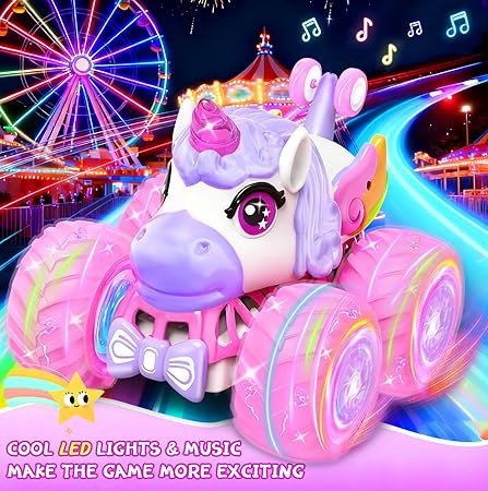 Remote Control Car for Girls, Unicorn Toys for Girls Age 3+, 360° Rotating 4WD 2.4 GHz RC Stunt Cars with Light and Music, Unicorn Birthday Gifts Presents for 3 4-6 6-8