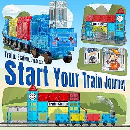 SKTMYY Magnetic Tiles Train Toys, Train Station Magnet Tiles for Kids Ages 4-8 with Magnetic Tiles Cars, Preschool Classroom Educations STEM Learning Montessori Toys Gifts for Toddler Boys and Girls
