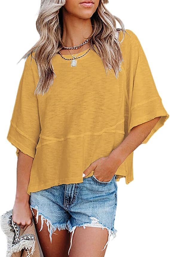Sovelen Women's Summer Casual Crewneck Batwing Half Sleeve T-Shirts Solid Color Loose Fit Cute Basic Flowy Tops Tees Blouses