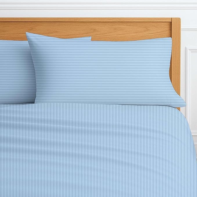 Way Fair 4 Piece Sheet Set Queen (60"x80") Size Light Blue Stripe - 100% Egyptian Cotton, 600-Thread-Count Cooling Bed Sheets, 15 Inch Deep Pocket of Fitted Sheet, Queen Cotton Bed Sheets Set