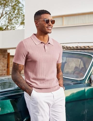 COOFANDY Mens Knit Polo Shirts Textured Polo Shirts Short Sleeve Casual Collared Golf T-Shirts