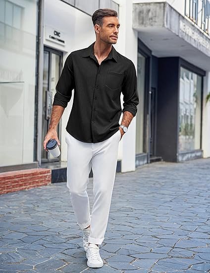 COOFANDY Men's Casual Button Down Shirts Long Sleeve Untucked Shirts Regular Fit Linen Shirt
