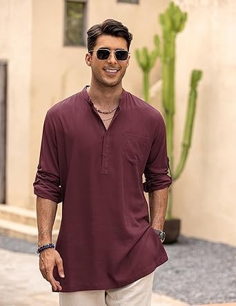 COOFANDY Men's Linen Henley Shirts Long Sleeve Collarless T-Shirts Longline Kurta Beach Shirts with Pocket