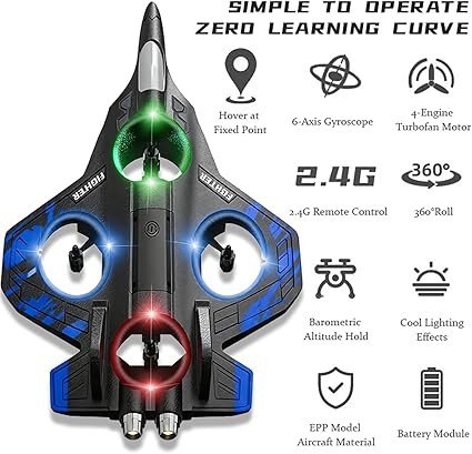 Foam Remote Control Airplanes, RC Plane with Light, RC Airplane Fighter Jet, 360° Flip, Stunt Roll, Airplane Drone for Men, RC Airplane (Blue)
