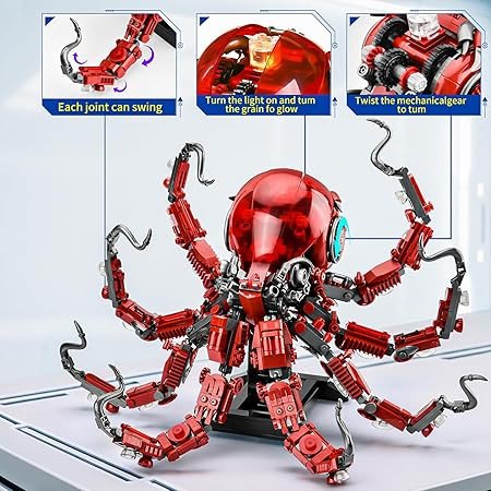 XITALAXU Mechanical Octopus Building Sets for Adult, Ocean Animal Collection Toy with Display Stand and Light, Home Office Decor and Idea Gift for Teen 14+(882PCS)