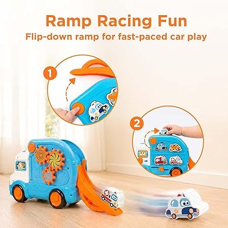 iPlay, iLearn Toddler Bus Toy W/ 3D Matching Puzzle & Car Slide, Baby Musical Push Go Car W/Sound, Montessori Learning Vehicle Match Game, Birthday Gift 18 24 Month 1 2 3 Year Old Infant Kid Boy Girl