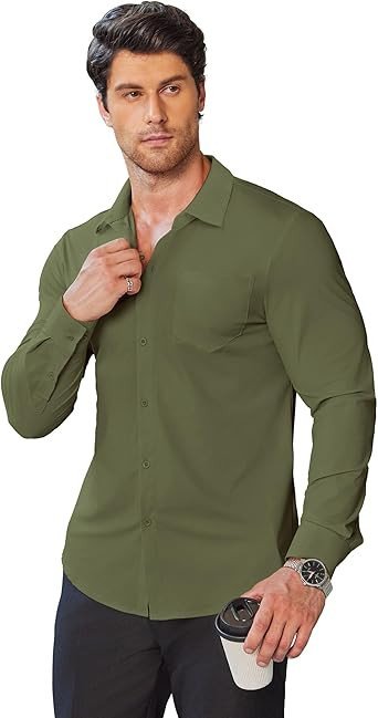 COOFANDY Stretch Mens Dress Shirts Wrinkle Free Long Sleeve Dress Shirt Muscle Fit Button Down Shirt