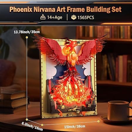 Phoenix Nirvana Building Block Sets, 1565 Pcs Magic Fire Phoenix Building Toys with LED Lights, 15*6.3*13.78in 3D Framed Wall Art, Firebird DIY Model Kit for Gifts Decorations Collectibles