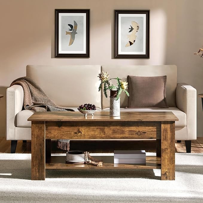 Yaheetech Coffee Table, 47.2in Lift top Coffee Table with Hidden Compartment and Storage Shelf, Lift Tabletop Dining Table for Living Room Reception Room, Rustic Brown