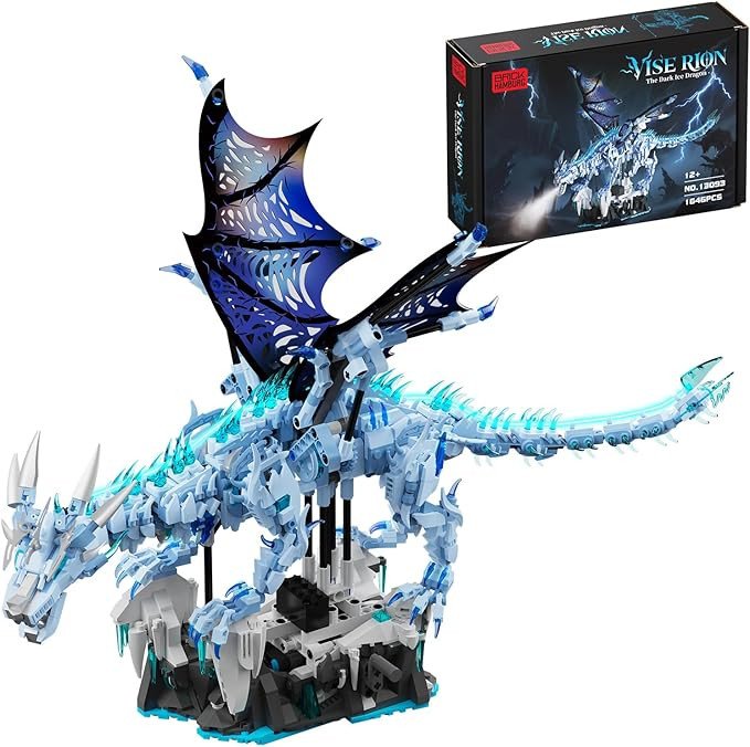 Mechanical Ice Dragon Building Block Toy Kit with LED Light, Movable Linkage Gears, Display Stand - Fantasy Dragon Model Kit for Teens & Adults 1646 PCS