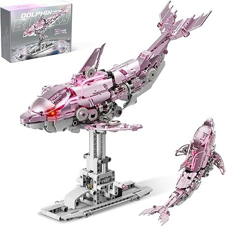 Mechanical Dolphin Building Kit, Hand Crank Building Toys with Moving Jaw, Swimming Tail & Glowing Light Effects, STEM Educational Toy & Unique Desk Decor for Ages 8+ & Adults, Pink
