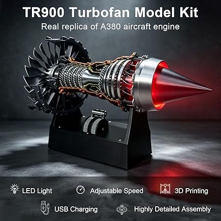 TR900 Turbofan Model Kit, Adjustable Speed Aircraft Jet Engine with LED Light, Mechanical Science Aero Engine Education Toy Gift Decor for Adult Hobbyists, 28cm (Assembly Version-Red Light)