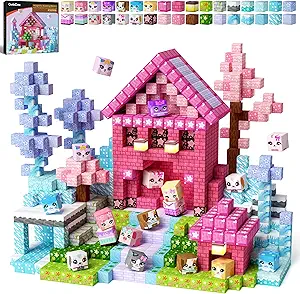 Magnetic Blocks — GobiDex 100PCS Kids Pink Princess Castle Building Blocks Set, Enchanting Cottage with Cute Pets for Girls Age 3+, STEM Sensory Building Toy for Toddler Birthday Gift