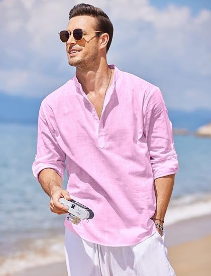 COOFANDY Men's Cotton Linen Henley T-Shirt Long Sleeve Hippie Casual Beach T-Shirts