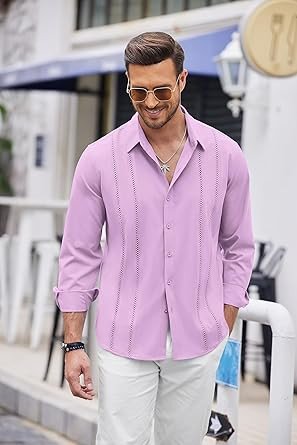 COOFANDY Mens Cuban Guayabera Shirt Casual Button Down Shirts Long Sleeve Summer Beach Shirts