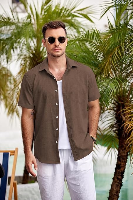 COOFANDY Men's Casual Button Down Shirts Short Sleeve Linen Shirts Summer Beach Dress Shirt
