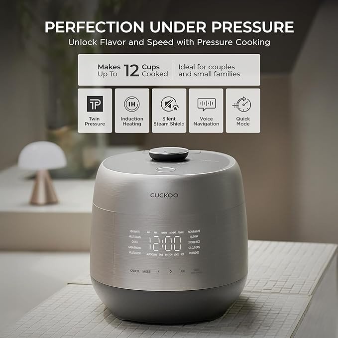 CUCKOO Twin Pressure Rice Cooker 6-Cup Uncooked / 12-Cup Cooked with Induction Heating Technology, Silent Pressure System, Open Cooking Mode, Dynamic Display, Eco Inner Pot, Gray (CRP-PHTR0609FS)