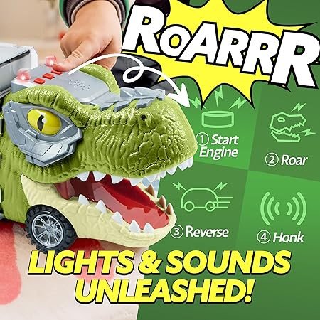 JOYIN 13 in 1 Dinosaur Toys for Kids 3-5, Transport Dinosaur Carrier Truck with 12 Pull Back Cars, Toddler Toys 3-4， Birthday Gifts for 3 4 5+ Year Old Boys