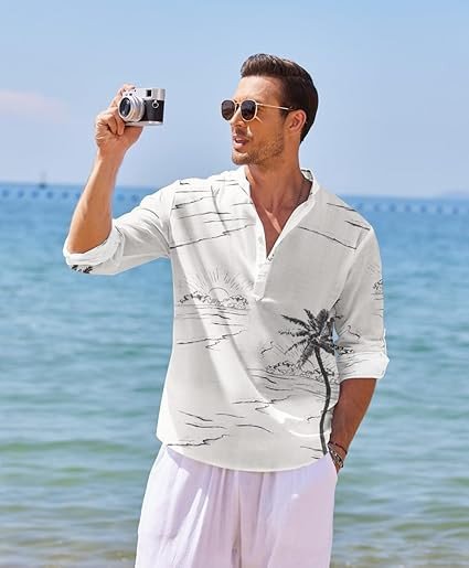 COOFANDY Men's Cotton Linen Henley T-Shirt Long Sleeve Hippie Casual Beach T-Shirts
