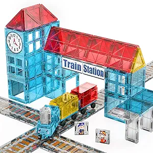 SKTMYY Magnetic Tiles Train Toys, Train Station Magnet Tiles for Kids Ages 4-8 with Magnetic Tiles Cars, Preschool Classroom Educations STEM Learning Montessori Toys Gifts for Toddler Boys and Girls