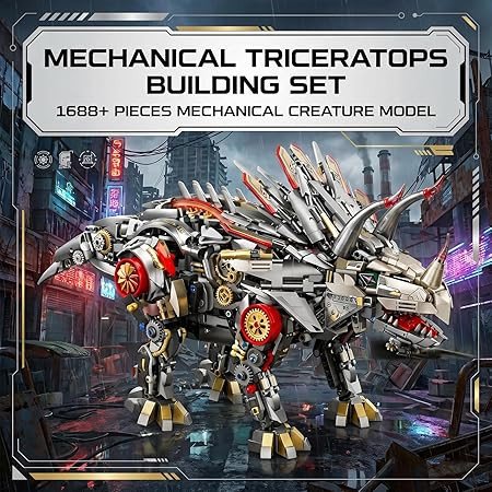 Mechanical Triceratops Building Set with LED Lights, Engine & Generator, Remote Control Drive, Display Stand, Movable Gears, Large Scale RC Dinosaur Model for Home Office Decor, 1100+PCS