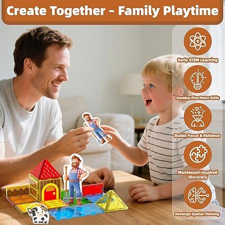 GobiDex Magnetic Tiles with Farm Animals Building Blocks, STEM Sensory Toys for Indoor, Outdoor, and Travel Play, Educational Magnet Toy Gift for Preschool Kids Ages 3-5, 4-8