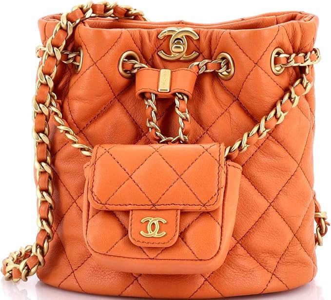 Pre-Loved CC Pocket Chain Bucket Backpack Quilted Lambskin Small, Orange