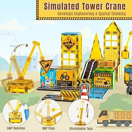 SKTMYY Magnetic Tiles for Kids, Construction Toys with Crane Road Truck Magnets Building Blocks Gifts for Kids Ages 3-5 4-8 Montessori Preschool Educational STEM Toy Gifts for 3+ Years Old Boys