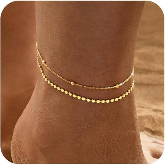 Gold Ankle Bracelets for Women, 14K Waterproof Gold Plated Anklets Set, Layered Gold Ankle Bracelets for Women Jewelry Gift