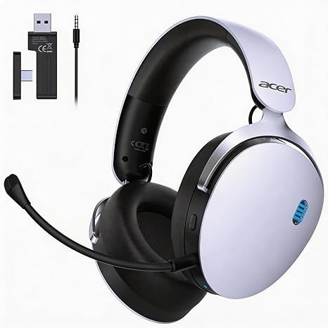 Acer 2.4GHz Wireless Gaming Headsets for PS5, PS4, PC, Switch, Tri-Mode Gaming Headphones with Noise Canceling Mic, Stereo Sound, 40+Hr Battery, 50mm Drivers - White