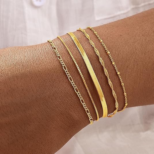 Gold Bracelets for Women, 14K Gold Plated Stackable Bracelet Stack Set Adjustable Charm Small Square Chain Snake Link Layered Waterproof Jewelry Sets Gifts