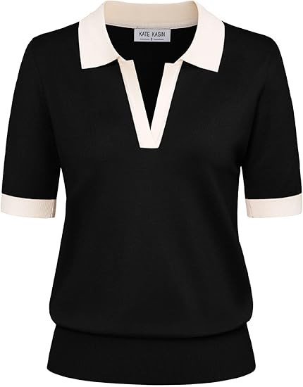 Kate Kasin Women Short Sleeve Polo Sweater V Neck Knitted Tops Casual Ribbed Shirt Loose Pullover Sweater