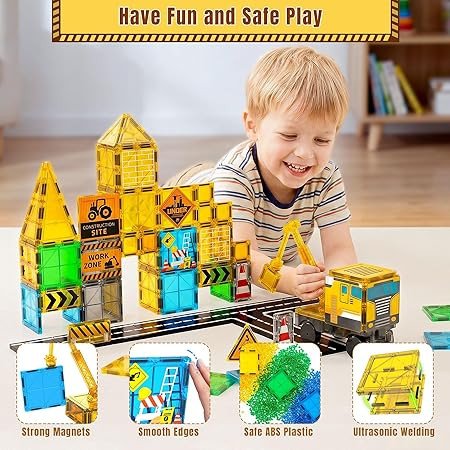 SKTMYY Magnetic Tiles for Kids, Construction Toys with Crane Road Truck Magnets Building Blocks Gifts for Kids Ages 3-5 4-8 Montessori Preschool Educational STEM Toy Gifts for 3+ Years Old Boys