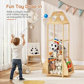 HOOBRO Stuffed Animal Storage, Bamboo Stuffed Animal Organizer with Elastic Cords and Side Bookshelf, Stuffed Animal Holder for Kids' Room, Playroom, Bedroom, Living Room, Nursery, Natural YL67CW01