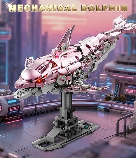 Mechanical Dolphin Building Kit, Hand Crank Building Toys with Moving Jaw, Swimming Tail & Glowing Light Effects, STEM Educational Toy & Unique Desk Decor for Ages 8+ & Adults, Pink