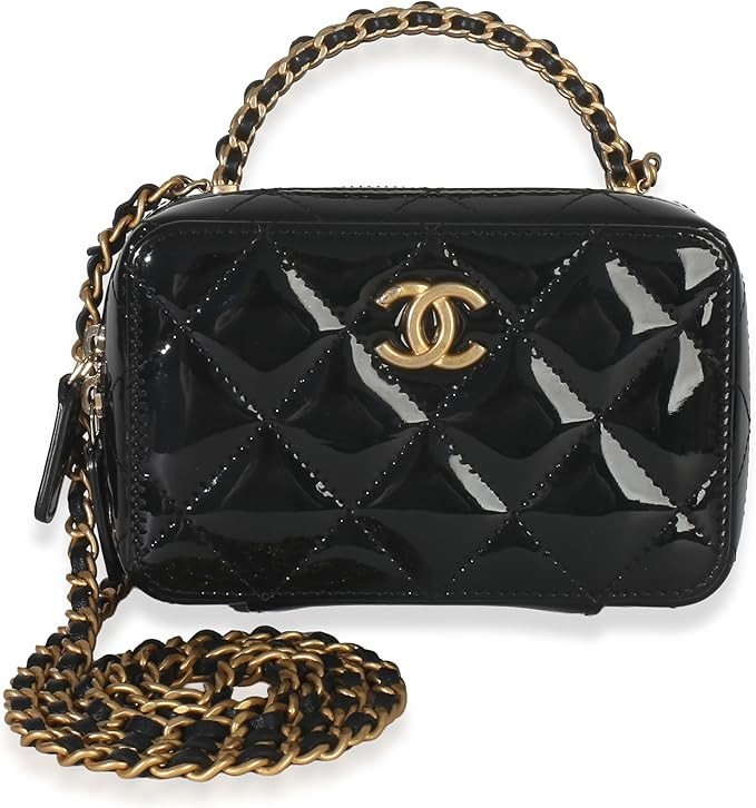 Pre-Loved Black Quilted Patent Mini Vanity Chain Bag, Black