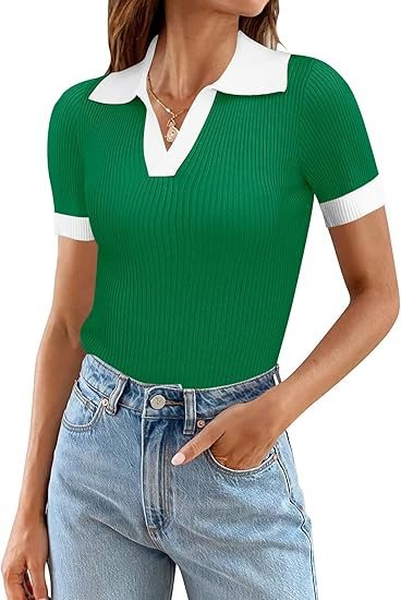 Ivicoer Womens V Neck Sweaters Dressy Casual Short Sleeve Sweater Slim Fit Lightweight Knit Tops