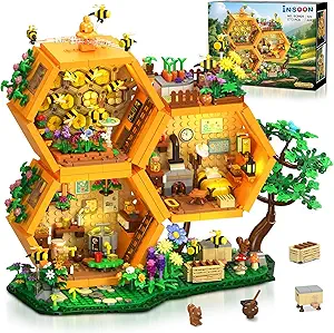 INSOON Bee Farm House Building Set with Light, 1773PCS Honey Cabin Building Block Toy with Flower Botanical Animals, Home Decor Treehouse Construction Model Kit, Gift for for Adults Boys Girls 12+