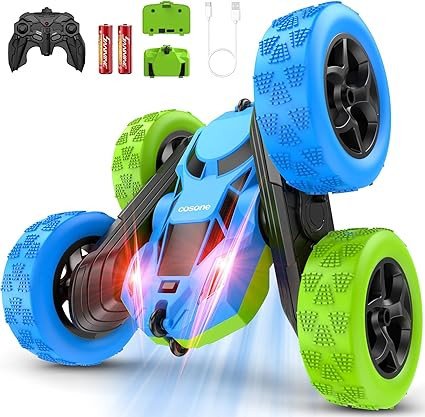 cosone Blue Green RC Car for Kids, Rechargeable Remote Control Stunt Car with 360° Rotation, Double-Sided Driving, LED Lights, 2.4GHz Off Road Toy Car, Birthday Gifts for Boys Girls Ages 4-7 8-12