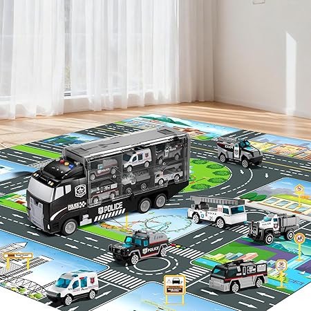 NIPLOOOW Toddler Boys Toys for 3 4 5 6 Years Old, Police Truck Vehicle Toy Set with Play Mat and Die-Cast Toy Car, Transport Carrier Truck for Kids, Birthday Gifts Toys for 3 4 5 6 7 8+ Year Old Boys